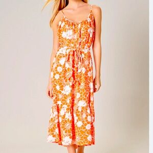 Leia Apricot Floral Scoop Neck Midi Dress
